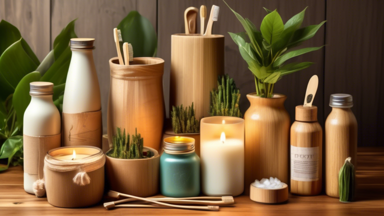 An artistically crafted image displaying a variety of eco-friendly gifts arranged tastefully on a rustic wooden table, with items like a bamboo toothbrush set, handmade soy candles, a plant in a recycled pot, organic cotton tote bags, and reusable glass water bottles, all surrounded by natural greenery and soft, warm lighting.