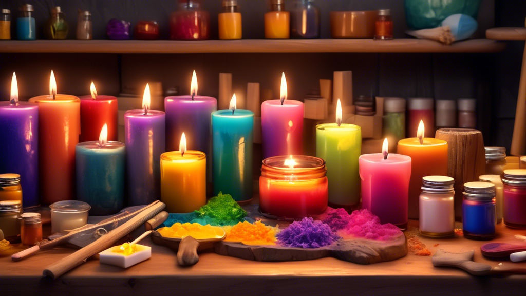A cozy, warmly lit workshop with a beginner candle maker pouring melted wax into molds, surrounded by various essential oils, colorful dyes, and rustic candle-making tools, with finished candles of va