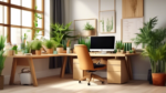 Serene office scene with modern desks and potted plants, featuring a variety of eco-friendly corporate gifts like bamboo pens, glass water bottles, recycled notebooks and tote bags made from natural materials.