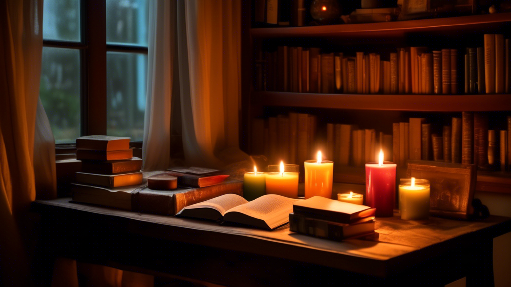 A cozy reading nook with an assortment of candles of various shapes and sizes flickering gently, a stack of books on candle making and history on a small wooden table, and a window with sheer curtains