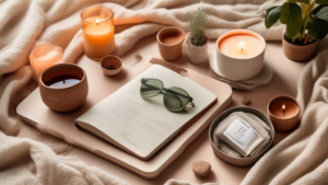 An artfully arranged flat lay of a self-care kit containing essential items: a scented candle, cozy slippers, a soothing face mask, herbal tea, a journal, and a small potted plant, all set on a soft,