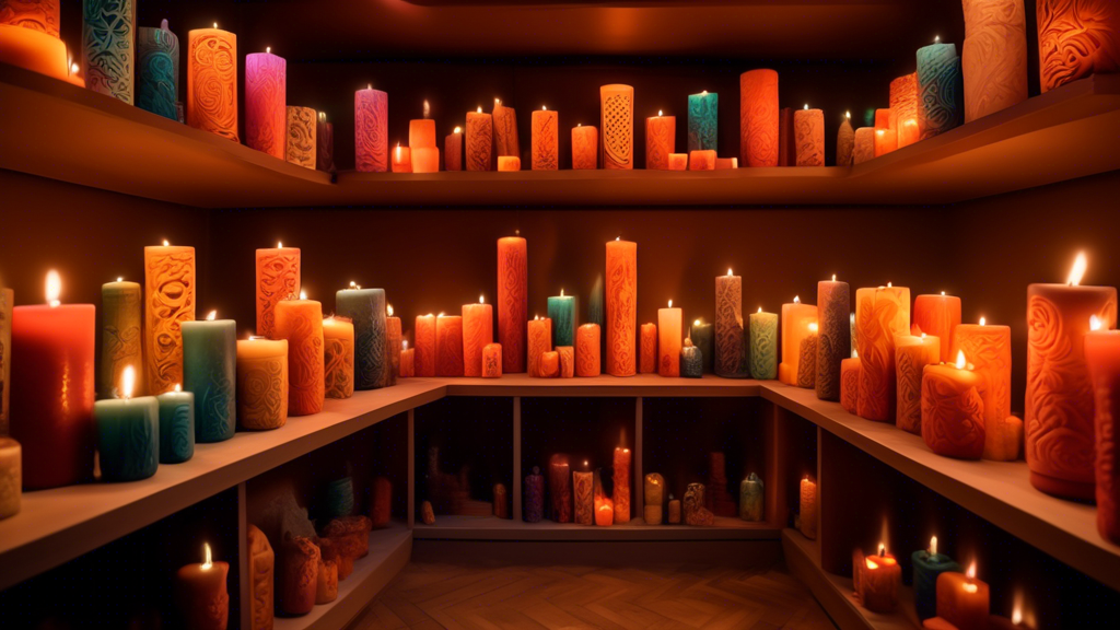An artisanal workshop with a variety of intricately carved candles displayed on shelves, each glowing softly in a warm, dimly lit room, showcasing patterns and colors that resemble famous art masterpi