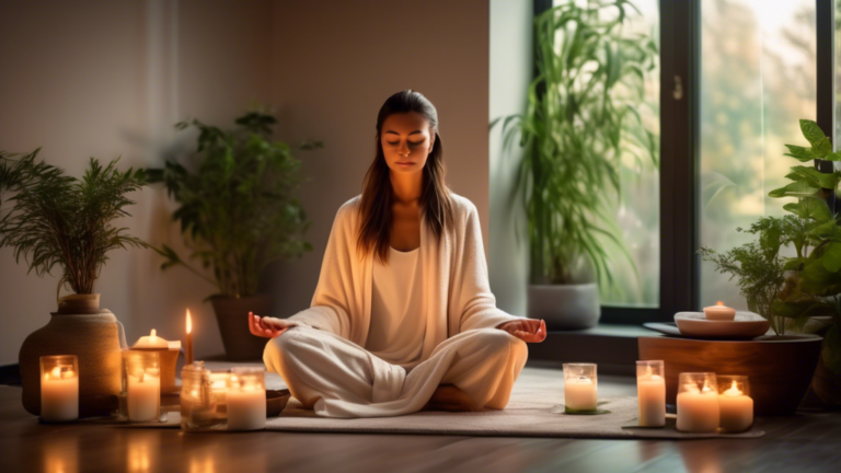Serene indoor spa setting with a calm person meditating, surrounded by scented candles, essential oil diffusers, and aromatic plants, with soft natural light filtering through the windows, depicting a
