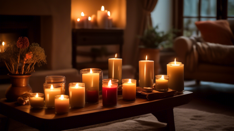 Create an image of a cozy, dimly lit living room, with multiple scented candles of various sizes and colors placed thoughtfully around the room. Some candles are on the window sills, others on a small