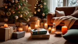 A cozy, softly-lit living room scene with a variety of wellbeing gifts arranged under a twinkling Christmas tree, including a yoga mat, essential oil diffuser emitting a gentle mist, wellness books, h
