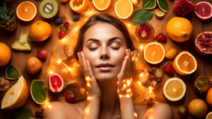 Here is a DALL-E prompt for an image that relates to the article title Unlock Your Radiant Glow: Skin-Enhancing Secrets Unveiled:nnA glowing woman with perfect, radiant skin surrounded by floating ico