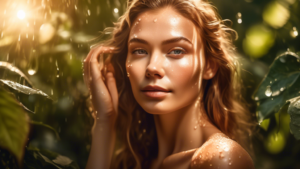 A vibrant and luminous portrait of a person with flawless, dewy skin that seems to glow from within, surrounded by natural elements like dewy leaves, water droplets, and radiant sunlight.